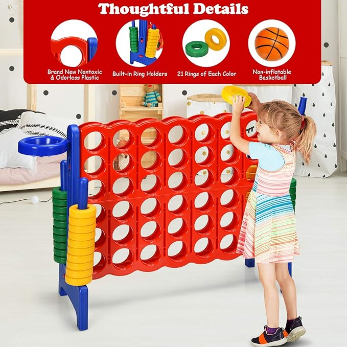 Costzon Giant 4-in-A-Row, Jumbo 4-to-Score Giant Game w/Basketball Hoop, Ring Toss, Quick-Release Slider, 42 Jumbo Rings, Indoor Outdoor Family Connect Game for Kids & Adults, Backyard Games, Blue