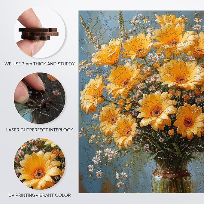 Flower Wooden Puzzles for Adults- Daisy Wooden Jigsaw Puzzles 200 Pieces, 11.2 inch Medium Family Reunion Puzzle for Adults and Kids, Exquisite Packaging, Best for Mothers Family