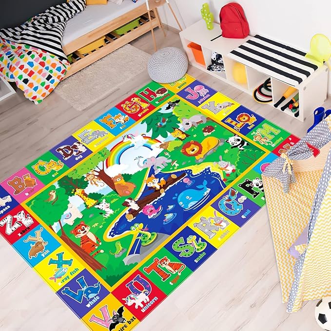 Kids Play Rug, Animals Print Baby Mat for Floor, Kids Rug for Playroom, ABC Educational Rug, Non-Toxic Soft Baby Crawling Mat, Tummy Time Mat, Nursery Rugs (Green, 47.2X31.5 INCH)
