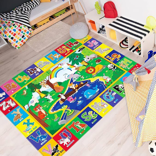 Kids Play Rug, Animals Print Baby Mat for Floor, Kids Rug for Playroom, ABC Educational Rug, Non-Toxic Soft Baby Crawling Mat, Tummy Time Mat, Nursery Rugs (Green, 47.2X31.5 INCH)