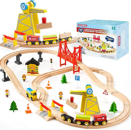 60PCS Wooden Train Set - Construction Express, Engineering Railway with Magnetic Crane, Trains & Accessories, Perfect Christmas Birthday Party Toy Gift for Kids Toddlers Boys Girls Ages 2-8