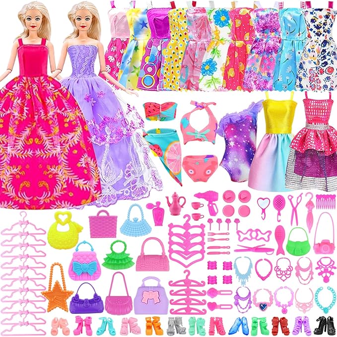 Ecore Fun 108 Pcs Doll Clothes and Accessories with Purple Doll Closet for 11.5 Inch Girl, Includes Party Dresses, Fashion Outfits, Swimsuits, Shoes, Hangers, Bags, Necklaces