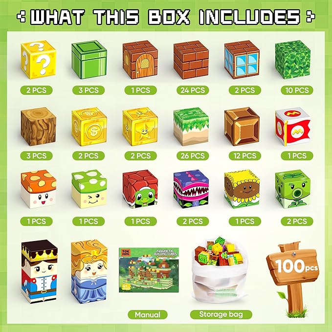 Magnetic Blocks Toys, 100PCS Magnetic Building Toys Based on The Game Super Plumber, STEM Magnets Sensory Toys for Kids, Magnetic Building Blocks Suitable for Boys Girls 4+ (Green)