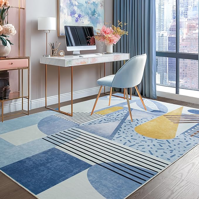 Tepook Blue Area Rug for Living Room, 5x7 Indoor Carpet for Bedroom Washable, Non-Slip Abstract Print Kids Rug for Nursery Playroom Classroom Dorm Office Dining Room