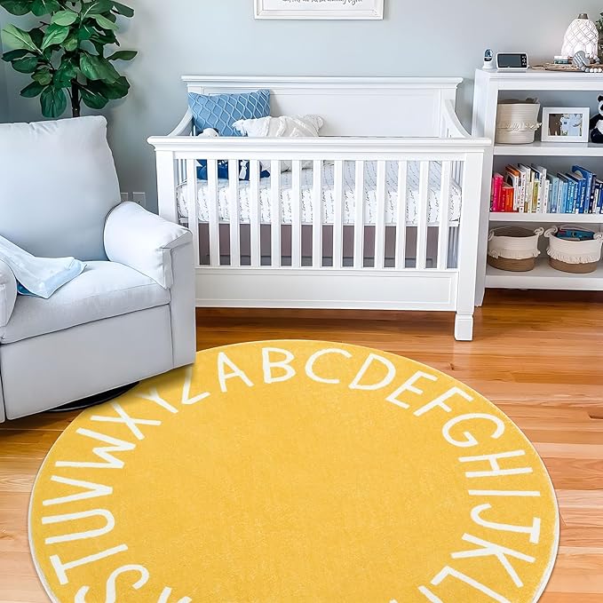 Topotdor Round Kids Play Rug Alphabet Nursery Area Rug Extra Large Soft Crawling Play Mat for Children Toddlers Bedroom (63 inch, Yellow)