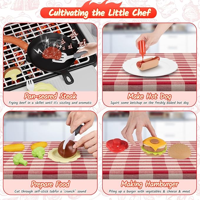 Kids Toys Kitchen Playset, BBQ Grill Playset with Smoke, Sound & Light, Toy Grill for Kids, Pretend Play Food Hamburger, Interactive Toys Barbecue Cooking Game for Toddlers Boys Girls 3-5