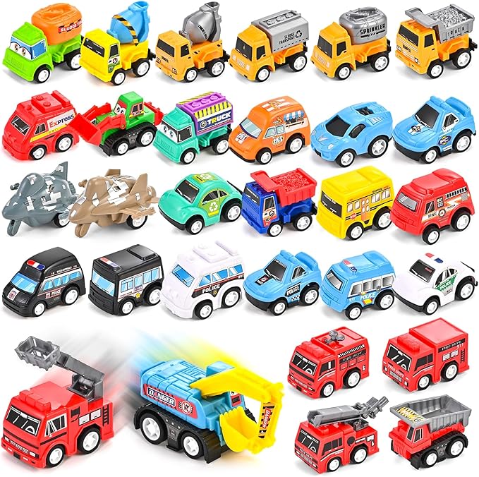 GOLDGE 30-Piece Pull-Back & Friction-Powered City Cars & Trucks Toy Vehicle Set for Toddlers, Boys & Girls – Educational Play, Stocking & Easter Basket Stuffers (30 City Cars and Trucks)