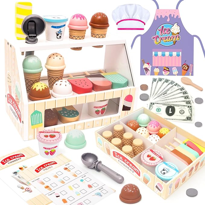 Wooden Ice Cream Toys for Toddlers 3-5 Kids Play Store Pretend Food Kitchen Accessories with Scoop & Menu & Toy Cash, Wooden Ice Cream Counter Shop Playset for 3 4 5 Year Old Birthday