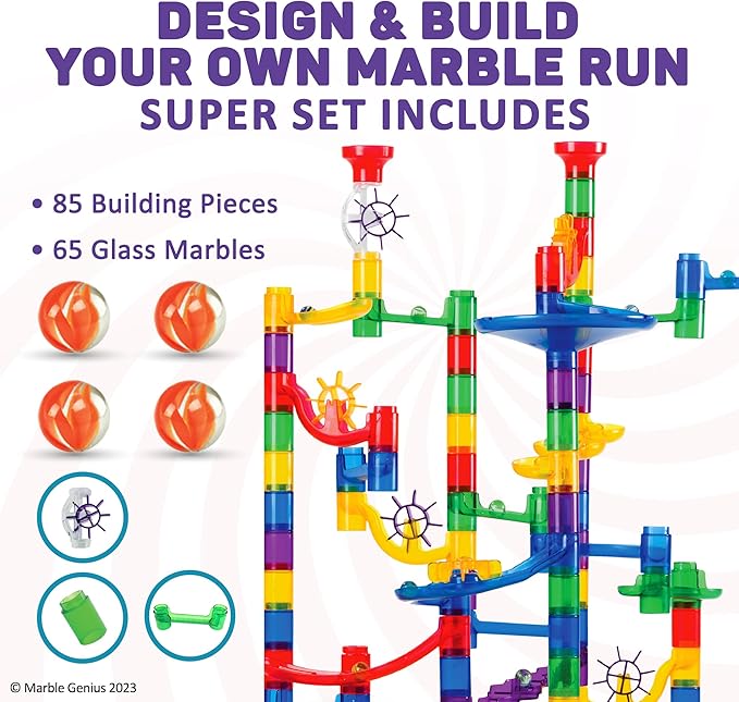 Marble Genius Marble Run - 150 Complete Pieces Maze Track Easter Toys for Adults, Teens, Toddlers & Kids Aged 4-8 Years Old, (85 Translucent Marbulous Pieces + 65 Glass-Marble Set), Super Set