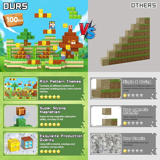 Magnetic Blocks Toys, 100PCS Magnetic Building Toys Based on The Game Super Plumber, STEM Magnets Sensory Toys for Kids, Magnetic Building Blocks Suitable for Boys Girls 4+ (Green)