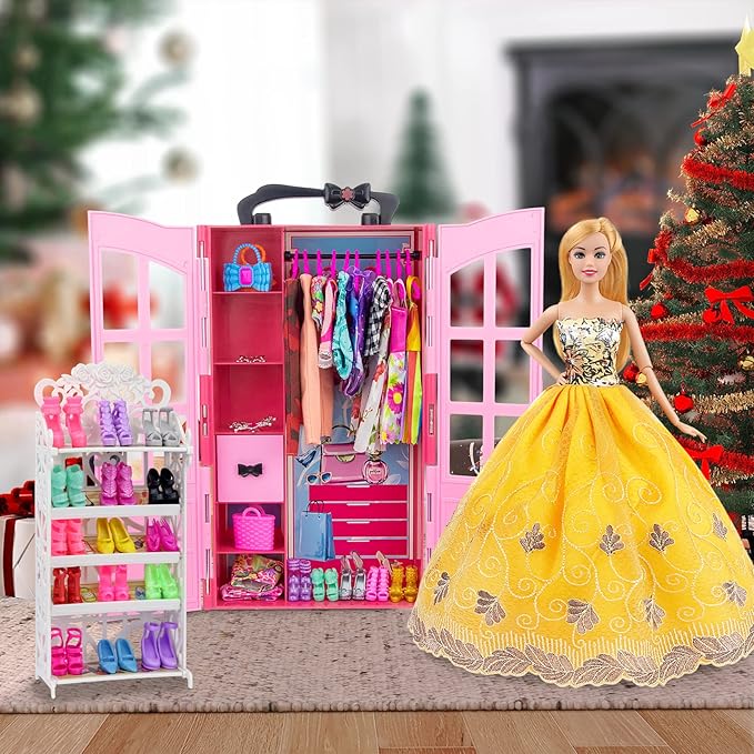 Ecore Fun 120 Pcs Fashion Doll Closet Wardrobe for Doll Clothes and Accessories Storage Include Clothes, Dresses, Shoes, Shoes Rack, Bags, Necklace, Hangers for 11.5 Inch Girl Doll Clothes