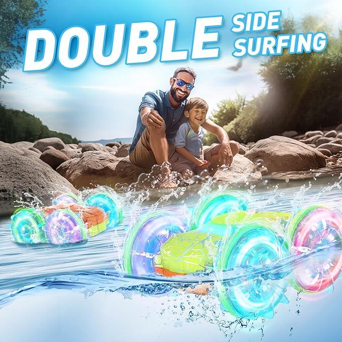 Amphibious RC Car Boat for Boys 5-7, 2.4GHz Remote Control Car with LED Lights, 4WD All Terrain Off-Road Stunt RC Boat, Gesture Sensing Waterproof Pool Beach Toy, for Kids 8-13