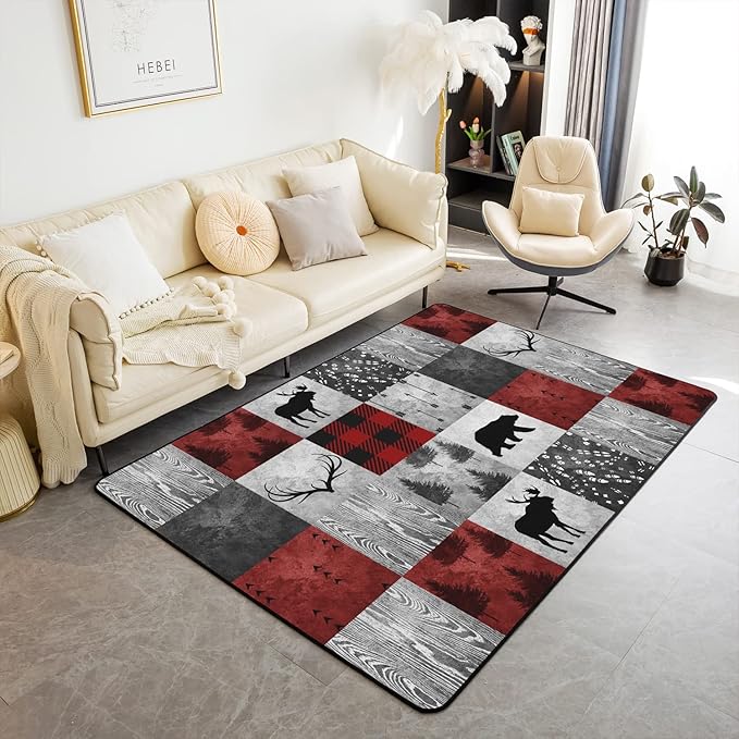 Erosebridal Lodge Deer Area Rug 4x5, Burgundy Buffalo Plaid Check Rug for Kids Boys Girls, Bear Elk Antler Wild Hunting Animal Carpet for Bedside, Merry Christmas Decorative Rug