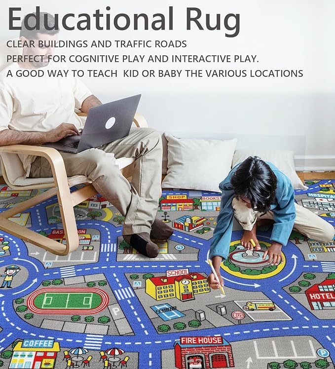 Kids Rug 6'6" x 5'0" City Life Playmat Area Rug Car City Map Washable Traffic Road Educational Learning Nursery Rug Carpet for Children Playroom Living Room Bedroom Classroom Decor Dark Blue