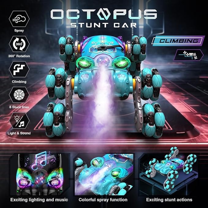 8WD Gesture Sensing RC Stunt Car, Boys Toys with Spray & Light, Hand Controlled RC Car Toys Gift for Kids Boys Age 8-12