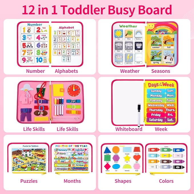 12-page Busy Board Montessori Toddler Toys for 1 2 3 4 Years Old, Busy Book for Toddlers 1-3 Girl Birthday Gift, 24 in 1 Activity Sensory Toys for Motor Skills, Travel Toy for Car Airplane (Pink)