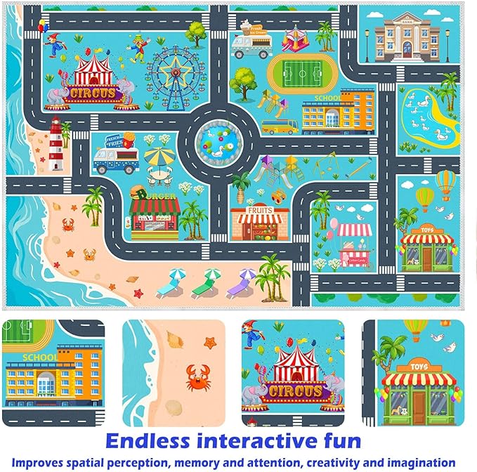 Kids Carpet Playmat Car Rug, Car Rug for Kids Toy Cars and Train, Non Slip Play Mat for Playroom Kids Room, City Life Educational Road Traffic Carpet for Classroom Nursery(Light Blue,47×71in)