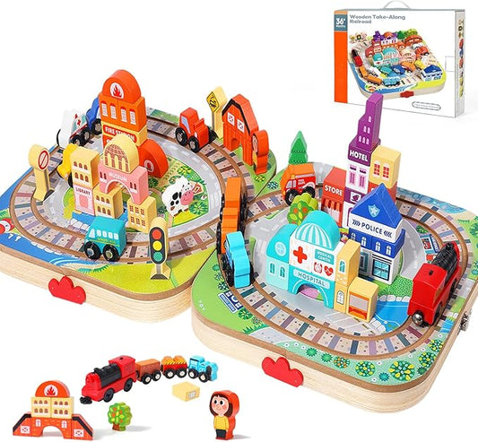 Wooden Take-Along Tabletop Railroad, Wooden Train Sets for Kids Ages 3+