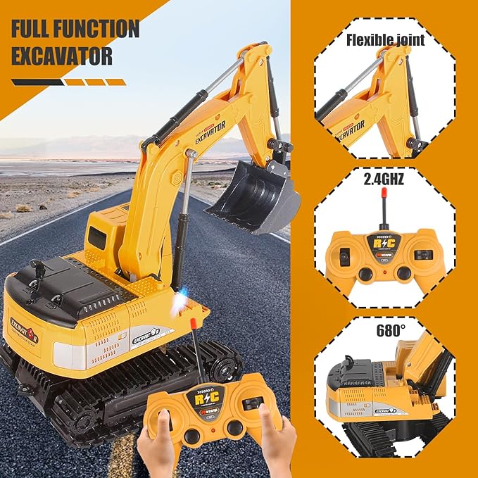 Remote Control Excavator Toys for Boys, RC Excavator Toy for Boys 3 4 5 6 7 8 Year Old Kids Christmas Birthday Gift，RC Digger Truck Construction Vehicles with Metal Shovel & Light