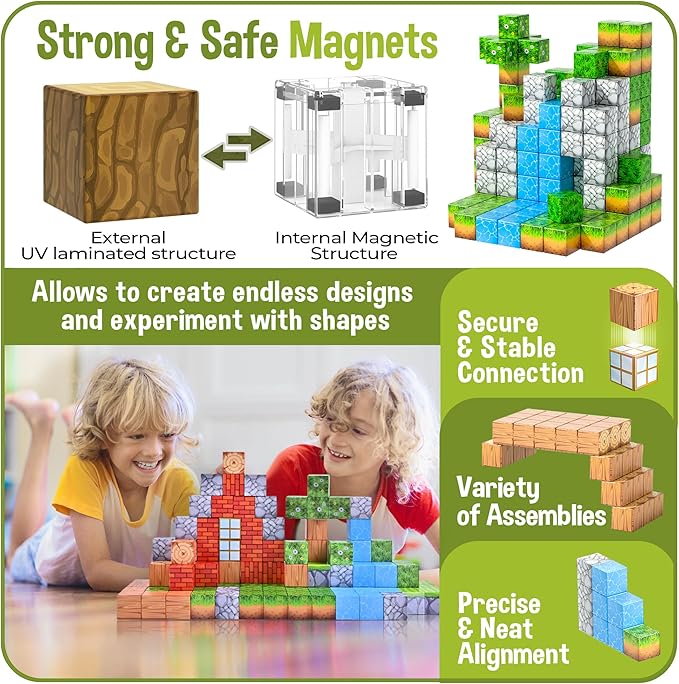 Magnetic Blocks – Build Mine Magnet World Set, STEM Montessori Sensory Toys for Boys & Girls Age 3-8, Educational Construction Cubes for Toddlers, Gifts for Kids 3+ Years Old