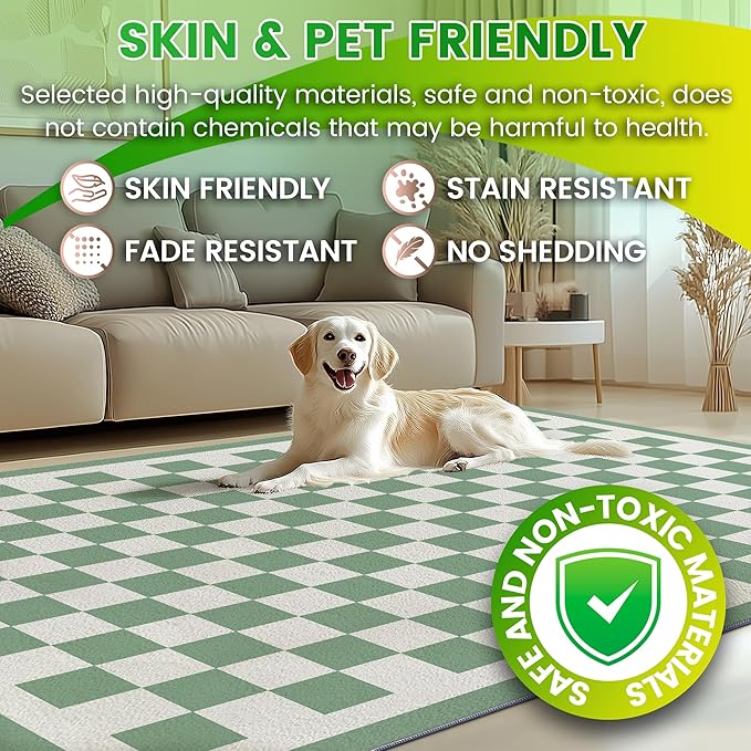 Washable 8x10 Checkered Area Rug for Living Room, Sage Green Checkerboard Modern Boho Large Rugs, Ultra Thin Low Pile Lightweight Indoor Carpet with Non-Slip Backing for Bedroom Kids Nursery Playroom