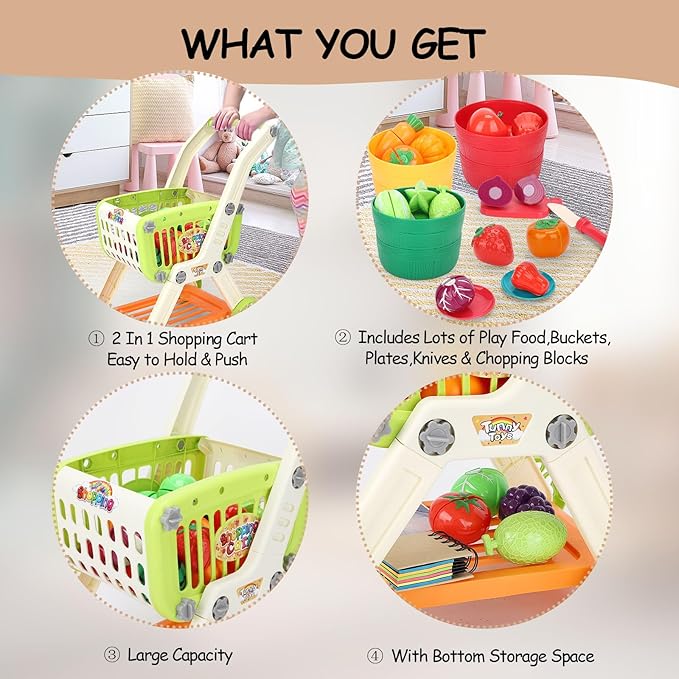 Kids Shopping Cart with Cutting Play Food Set for Kids Kitchen, 2 in 1 Shopping Cart for Kids Grocery Store Pretend Play Kitchen Accessories Sorting Food Bucket Learning Toys Gift for Toddler 3-5