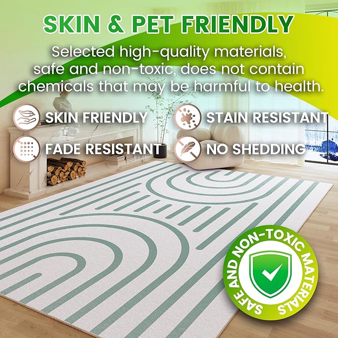 Washable 5x7 Modern Area Rug for Living Room, Sage Green Minimalist Artistic Abstract Large Rug, Ultra Thin Low Pile Lightweight Soft Indoor Carpet with Nonslip Backing for Home Bedroom Kids Play Room