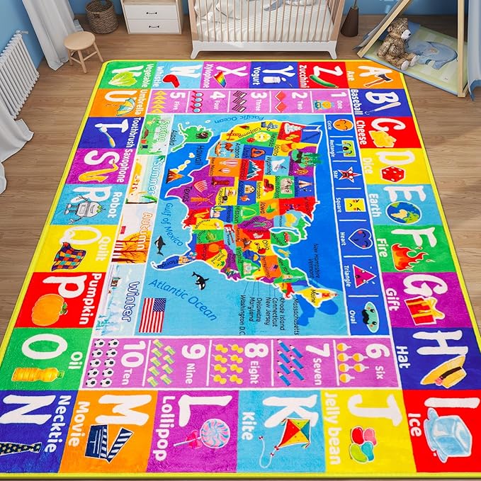 USA Map ABC Kid Rug for Playroom 78.7"×59" Classroom Play Rug Educational Baby Playmat Alphabet Rug State Symbols, ABC Letters, Numbers, Seasons&Shapes Fluffy Ployester Non-Slip Preschool Nursery Rug