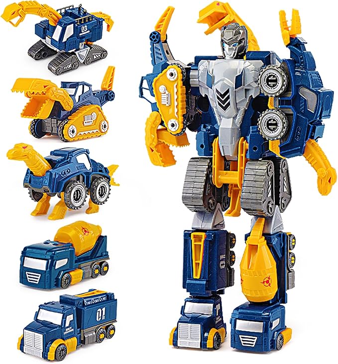 Toddler Construction Car Transform Set, 5pcs Dinosaur Rescue Robot with Magnetic Connectors, Assemble Building Trucks DIY STEM Toy, Holiday Birthday Present for Kids Boy Girl 3 4 5 6 7 Year