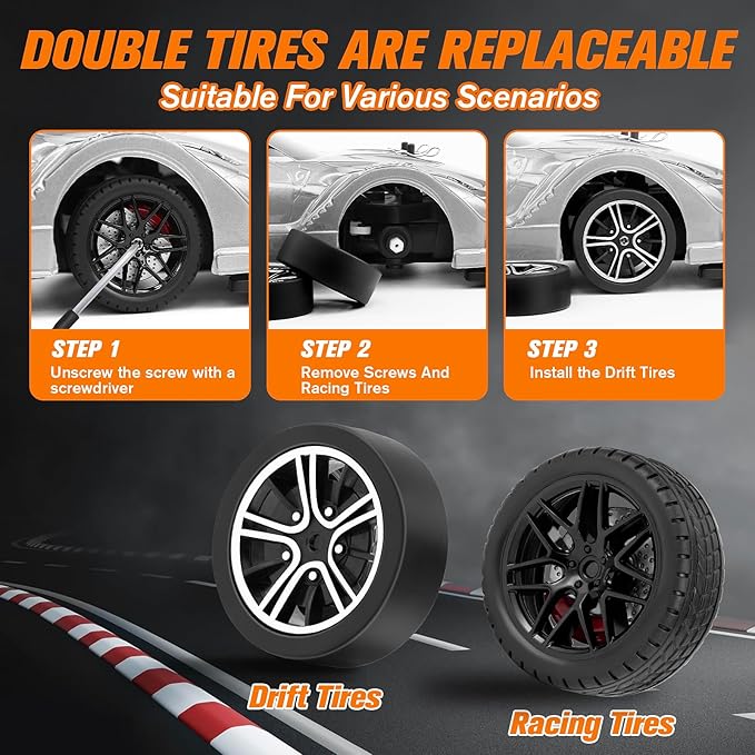 RC Drift Car, 1:16 Scale Drifting RC Cars, 2.4GHz 4WD RC Race Car, 40km/h High-Speed Remote Control Drift Car Vehicle, Racing Sport for Boys Girls Kids - 2 USB Rechargeable Batteries (Silver)