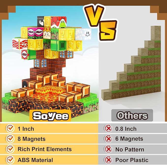 Soyee Magnetic Blocks - Build Mine Magnet World Kids Games Magnet Building Toys Kingdom & Lava World Adventure 1'' Magnetic Cubes STEM Toys Christmas Birthday Gifts for 3+ Years Old Boys Girls