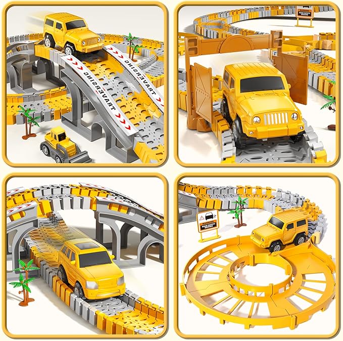 200 Pieces Construction Car Racing Track Playset for Kid 3 4 5 6 7 8 Years Old - Flexible Engineering Railway, Electrical Toy Car for Boy 3-9, Birthday Gifts for Toddler 3-5