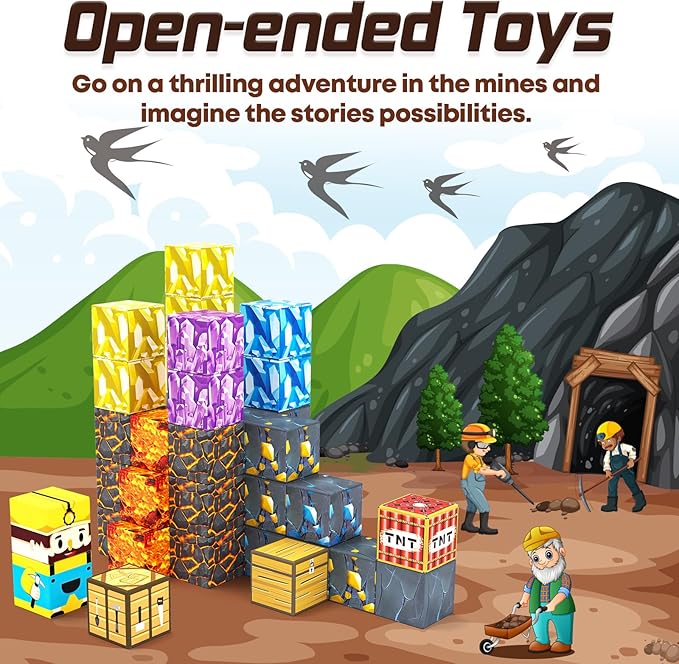 Magnetic Blocks-Build Mine Magnet World Pickaxe Edition Mine Pickaxe Caverns Kids Games Toddler Toys Magnetic Tiles for Boys & Girls Age 3-4 4-5 6-8, Sensory Outdoor Toys for Kids for 3+