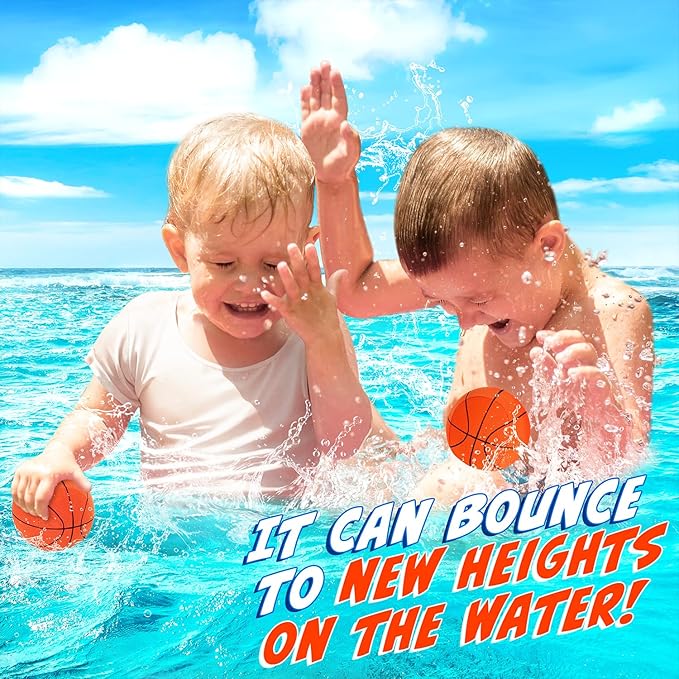 4Pcs Water Skipping Balls for Pool Play(Basketball Theme), Water Pool Beach Swim Toys for Kids Ages 4-8, 8-12 and Adults, Include 2 Balls and 2 Discs