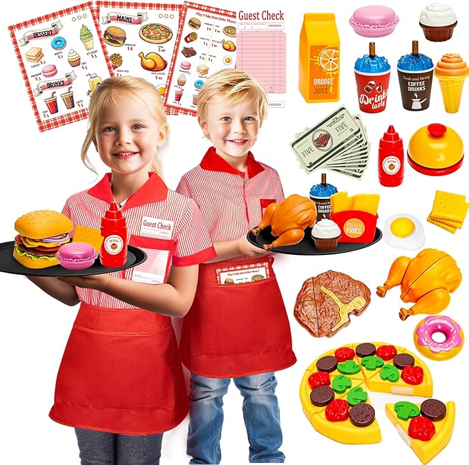Restaurant Server Play Toys Set for Boys Girls Age 3-8, Role Play Set with Unisex Server Dress-Up Costume, Play Food, Play Money, Menu for Kids Play Kitchen, Restaurant,Xmas Stocking Stuffers for Kids