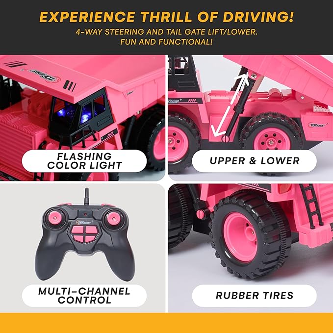 Top Race Remote Control Dump Truck - Pink - 4WD RC Dump Truck with Interactive Lifting Bed, Realistic Design, Powerful Engine, and Durable Non-Toxic Plastic Build for Safe and Fun Play