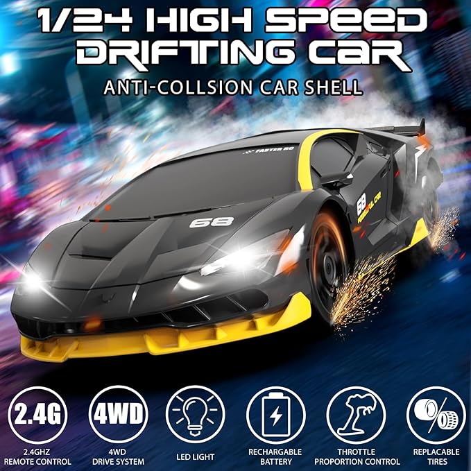 Remote Control Car, 1/24 Scale RC Drift Car, 4WD 15KM/H High Speed RC Cars, Racing Sport Toy Car with LED Lights, Racing Tire, Birthday for Kids Boys Girls, Rechargeable Battery