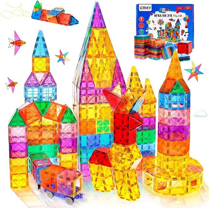 Magnetic Tiles Building Blocks, 108 PCS Magnetic Blocks Buliding Tiles Set, Magnetic Building Blocks with 2 Cars, Preschool Educational Magnetic Toys Stem Toys for Kids 3, 4-8