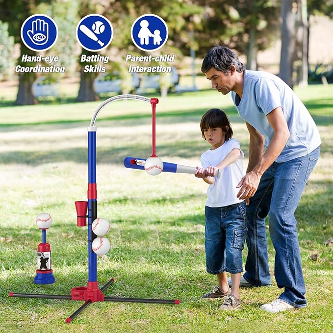 3-in-1 Baseball Set for Kids 3-5 - Tee Ball Stand, Hanging Tee, Ball Launcher and 6 Softballs - Adjustable Height, Indoor/Outdoor Sport Gifts for Boys, Blue