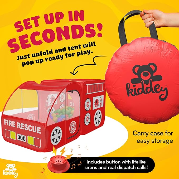 Kiddey Fire Truck Play Tent for Kids - Firetruck Tents with Sirens and Fireman Sound Button for Girls, Boys, & Toddlers Gifts - Red Fire Engine Pop Up Playhouse for Toddler - Indoor & Outdoor