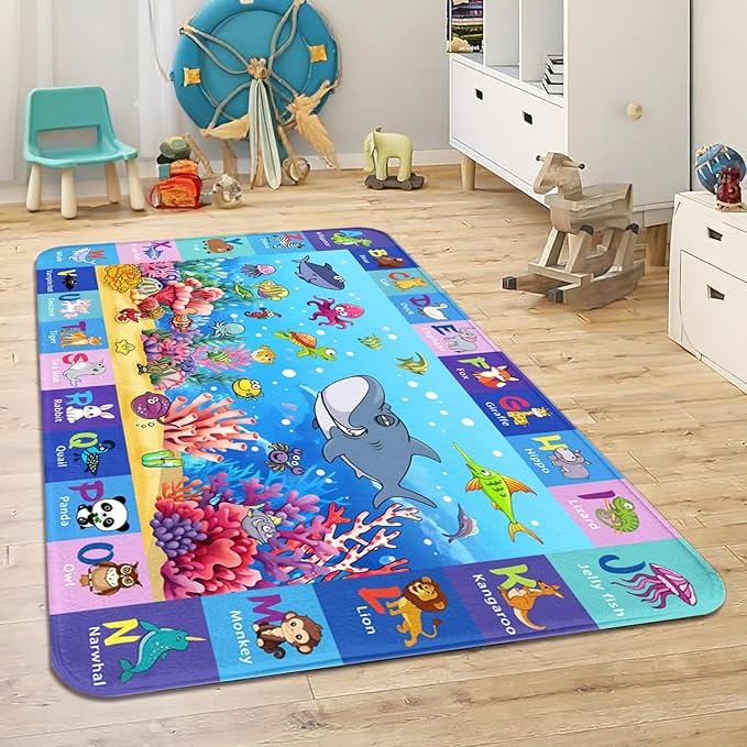 Alphabet Play Rugs for Kids Playroom, Under Ocean Sea Boys ABC Rug for Living Room 3x5 Educational Game Mat Kids Bedroom Carpet for Indoor Beach Animals Classroom Play Mat Blue Decor