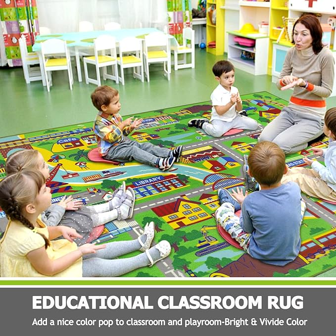 Capslpad Kids Rug 6'6" x 9'8" Educational Learning Kid Play Area Rug Large Traffic Road Cars Rug Play Mat for Kids Toy Nursery Rug Car Carpet for Playroom Living Room Classroom Decor Green