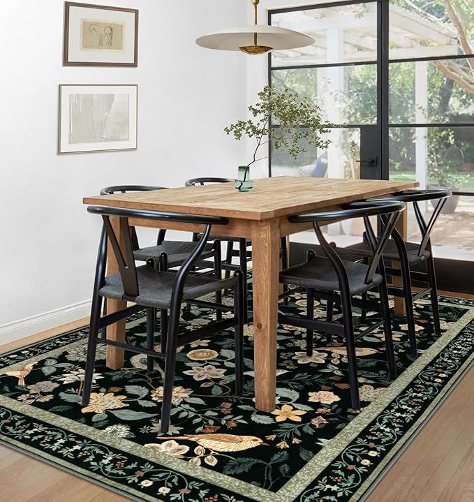 Floral Washable 5x7 Area Rug, Boho Birds Black/Beige Rugs for Living Room Soft Non-Slip Vintage Flower Bedroom Rug, Low Pile Botanical Indoor Carpet for Nursery Playroom Dining Room