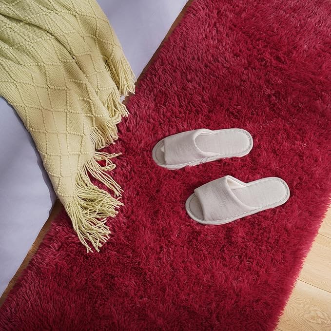 Amearea Shag Fluffy Runner Rug for Bedroom Girls Living Room, 2x6 Feet Extra Soft and Fuzzy Shaggy Rugs, Non Slip, Indoor Floor Long Carpet Mat for Boys Nursery Home Decor, Wine Red