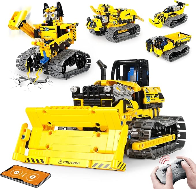 5 in 1 STEM Robot Toy Building Kit, 452 PCS Blocks App & Remote Control Engineering Toys Robotics for Kids Ages 8-12, RC Bulldozer Erector Sets for Boys Girls 6 7 9 10 11 13 14+ Birthday Gifts