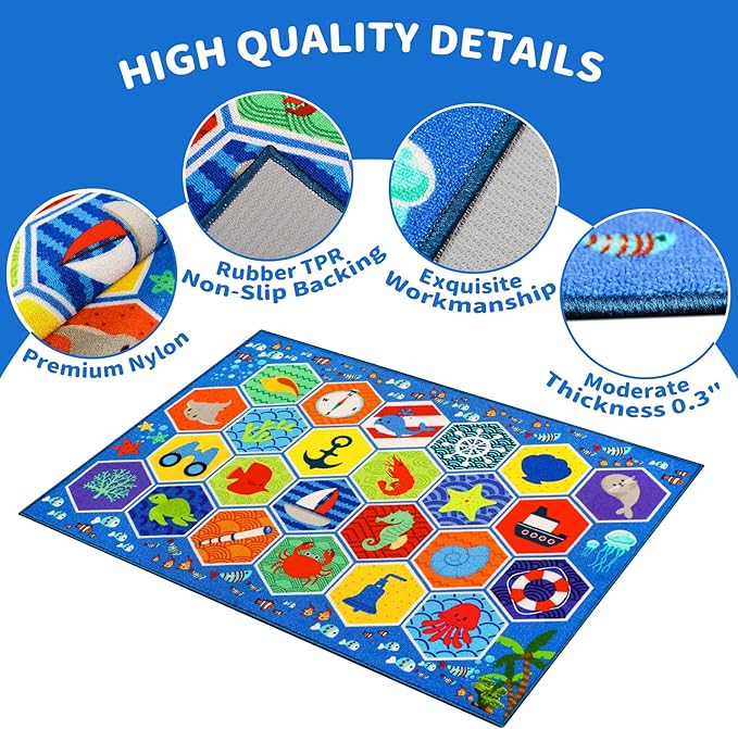 Kid Rug Ocean Sea Play Mat, 59"×39.4" Educational Baby Playmat for Playroom Primary School Nylon Surface Non-Slip Latex Backing Preschool Rugs for Classroom Learning Area
