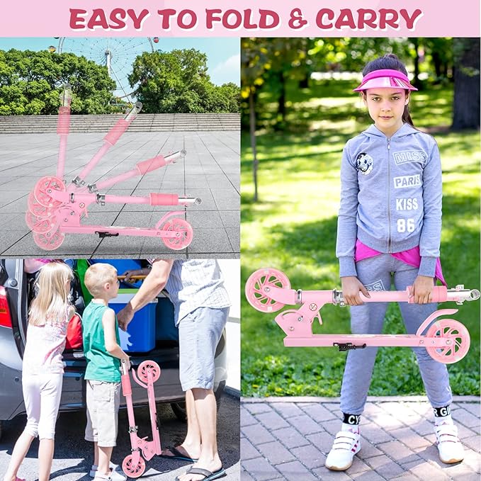 Scooter for Kids Ages 3-12 - Kids Kick Scooters with Led Light Up Wheels & 3 Levels Adjustable Handlebar, Lightweight Foldable 2 Wheel Girly Pink Scooter Christmas Birthday for Girls Boys.