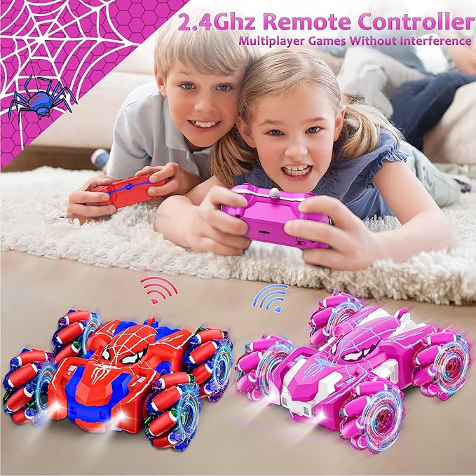 Remote Control Car for Girls, Rechargeable RC Cars Toys with Cool Lights, 2.4Ghz Double Sided Drift RC Stunt Cars, 360°Rotating 4WD Off-Road Race Car for 4-6 6-12 Girl Kids Gifts