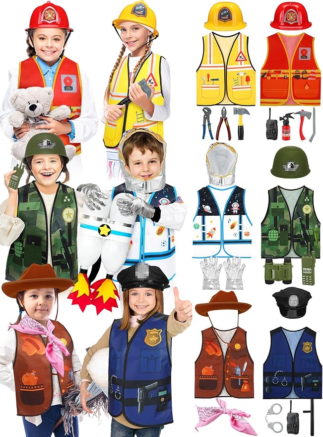 Hungdao 6 Sets Kids Boys Girls Dressing up Costumes, Toddler Dressing up and Pretend Play for Age 6-10 Dress up Firefighter, Construction Worker, Explorer, Astronaut, Cowboy, Policeman