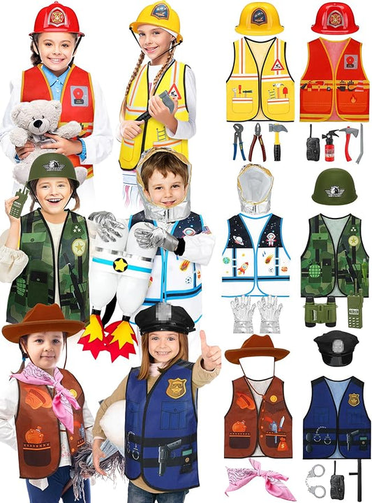 Hungdao 6 Sets Kids Boys Girls Dressing up Costumes, Toddler Dressing up and Pretend Play for Age 6-10 Dress up Firefighter, Construction Worker, Explorer, Astronaut, Cowboy, Policeman